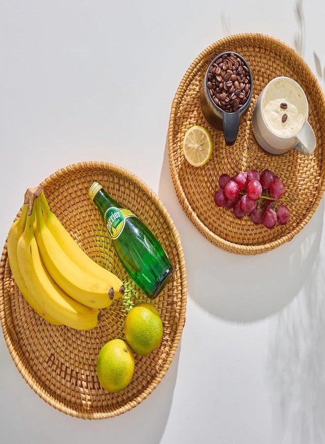 Kmelep Round Rattan Serving Tray,Hand-Woven Tray with Handles, Ottoman Decorative Coffee Table Tray,Wicker Storage Basket for Tea,Fruit,Bread (Natural, 13.5") - Image 4