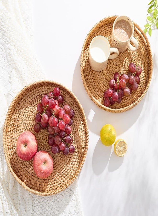 Kmelep Round Rattan Serving Tray,Hand-Woven Tray with Handles, Ottoman Decorative Coffee Table Tray,Wicker Storage Basket for Tea,Fruit,Bread (Natural, 13.5") - Image 2