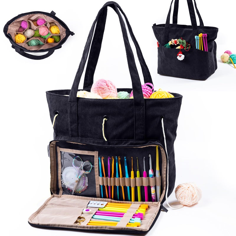 MYBAGZING Large Yarn Tote Organizer Corduroy Knitting Storage Holder for Yarn Hooks Accessories Portable Craft Carryall for Crocheting Lovers Mothers Day Gift - Image 2