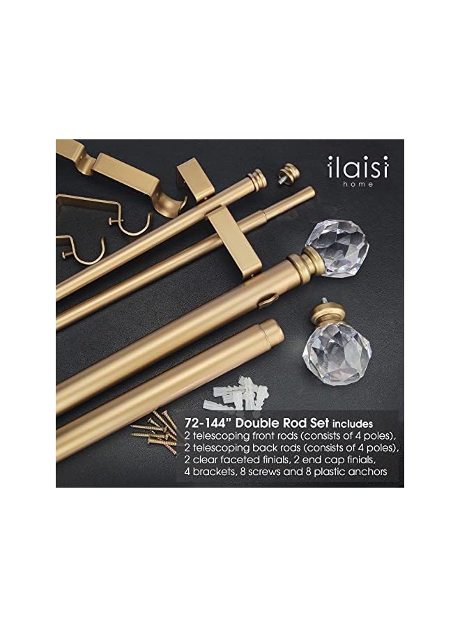 The Bros Double Curtain Rod Set:1-1/8 Inch Diameter Luxury Gold Curtain Rods,72-144 Inch Adjustable Gold Drapery Rod with Crystal-clear Faceted Finials for 1 Pack - Image 3