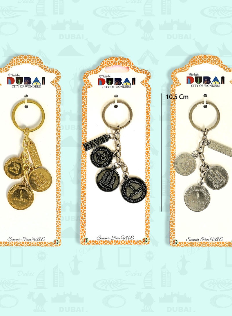 Souvenir Souq Premium UAE Coin Replica Metal Keychain set (3 pcs) featuring iconic UAE currency designs. A perfect Dubai/UAE souvenir, travel gift, and everyday accessory. - Image 2