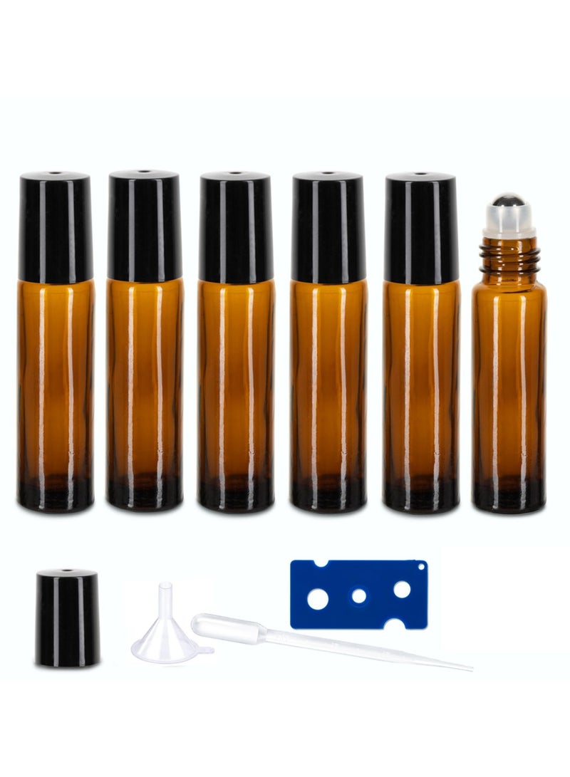 Chabeia 6 Pack Essential Oil Roller Bottles, 10ml Roller Balls for Essential Oils, Amber Glass Roller Bottles, Roll on Bottles with Stainless Steel Roller Balls, 1*Openers, 1*Funnels, 1*Dropper - Image 1