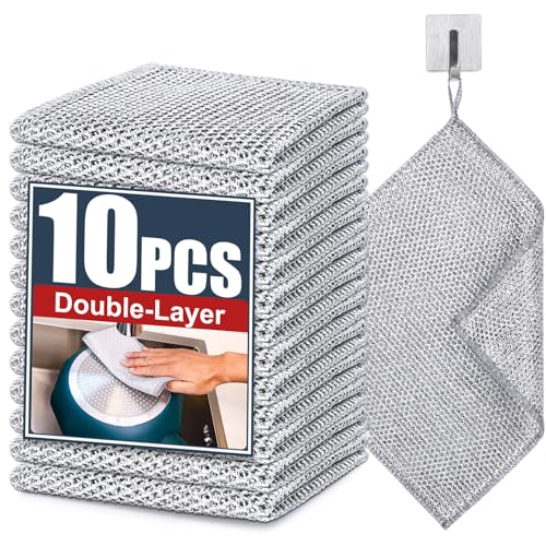 Navona 10 Pcs New Upgrade Steel Wire DishclothDoubleLayer Steel Wire Cleaning ClothPowerful Cleaning NonScratch Wire Dishcloth Rag for Cookware Sinks Dishes Stove Tops