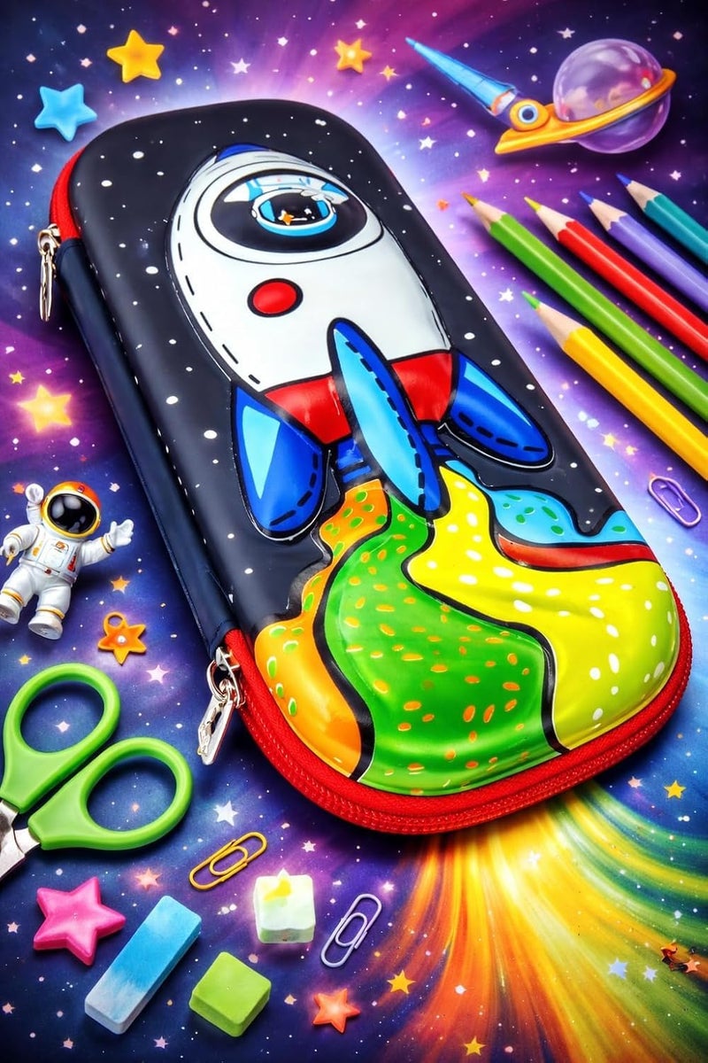 Royals hub 3D Cover Eva Space Astronaut Theme Pencil Case Large Capacity Pencil Pouch Bag Compass School Pouch Organizer for Students Kids Stylish Pen Holder Pouch Stationery Box - Image 2