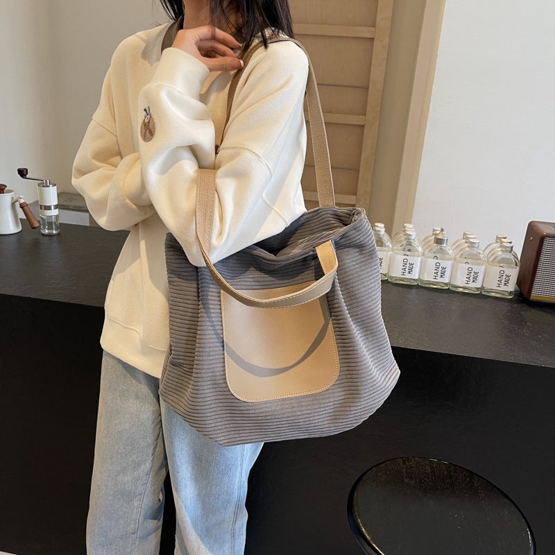 Korean Style Tote Bag Women'S Popular Striped Velvet Bag Fashionable Shoulder Bag Commuter Handbag Trendy Large Capacity - Image 3