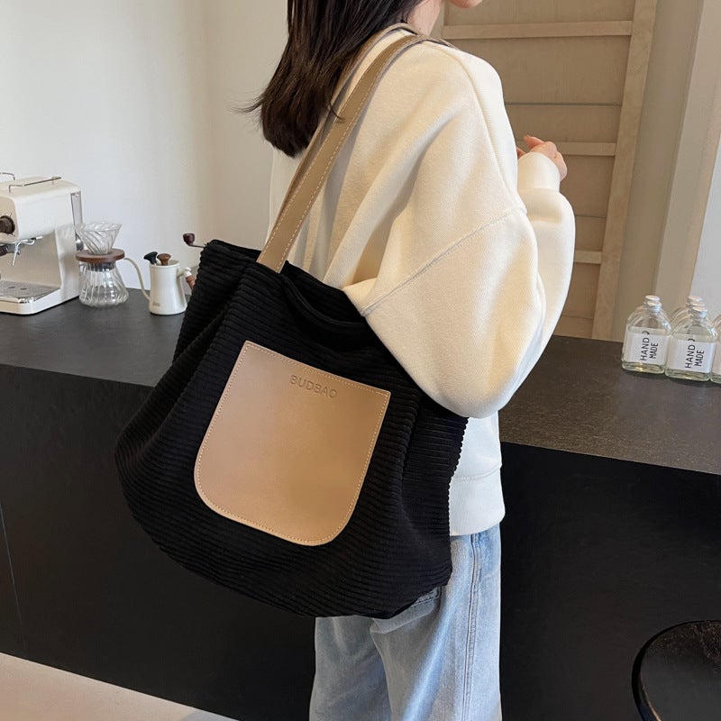Korean Style Tote Bag Women'S Popular Striped Velvet Bag Fashionable Shoulder Bag Commuter Handbag Trendy Large Capacity - Image 4