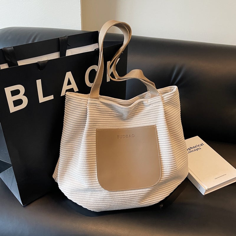 Korean Style Tote Bag Women'S Popular Striped Velvet Bag Fashionable Shoulder Bag Commuter Handbag Trendy Large Capacity - Image 2