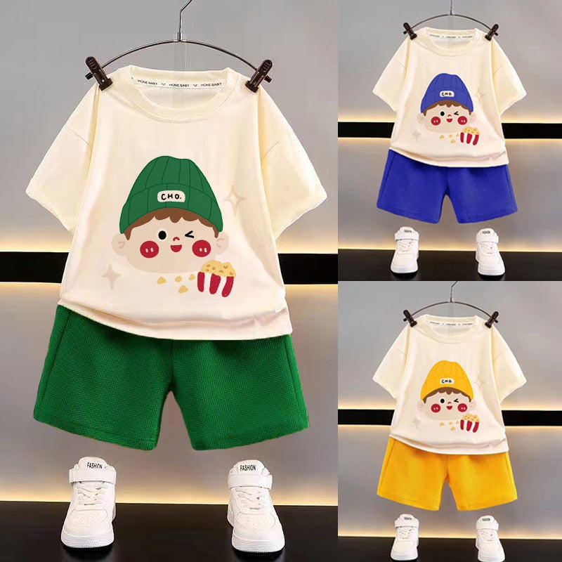 Boys Summer Casual Loose Clothes Waffle Baby Summer Generation Men'S Handsome Children'S Short-Sleeved Suit Children'S Clothing - Image 2