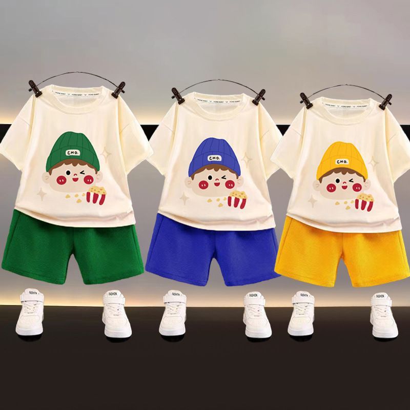Boys Summer Casual Loose Clothes Waffle Baby Summer Generation Men'S Handsome Children'S Short-Sleeved Suit Children'S Clothing - Image 3