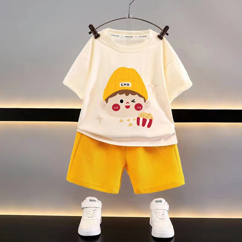 Boys Summer Casual Loose Clothes Waffle Baby Summer Generation Men'S Handsome Children'S Short-Sleeved Suit Children'S Clothing - Image 1