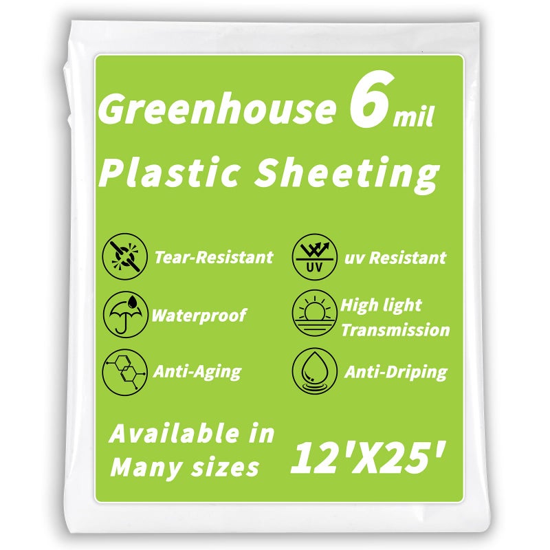 UZLU Greenhouse Plastic Sheeting 6 Mil,12 x 25 FT Transparent UV Resistant Polyethylene Film, Tear-Resistant Green House Hoop Cover for Gardening, Farming, Nursery, Henhouse, Anti-Drip & Weatherproof - Image 1