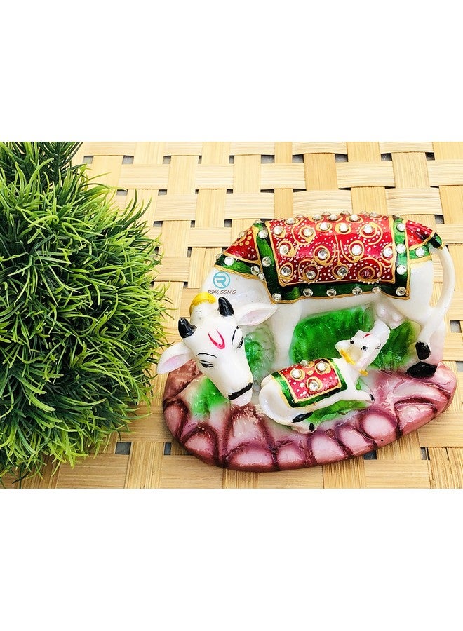 RDK SON'S® Kamdhenu Cow Idol | Designer Stone Studded on Cow and Calf Idol| Marble Dust Gau MATA Idol | Spiritual Vastu Nandi Pooja Polyresin Cow Figurine Sculpture for Home and Temple - Image 4