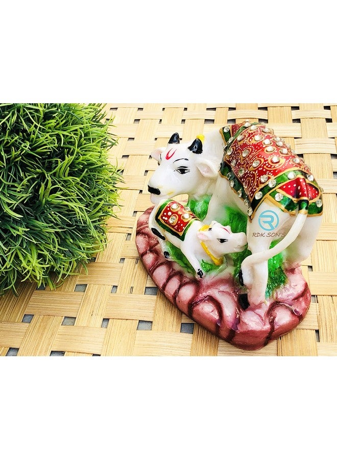 RDK SON'S® Kamdhenu Cow Idol | Designer Stone Studded on Cow and Calf Idol| Marble Dust Gau MATA Idol | Spiritual Vastu Nandi Pooja Polyresin Cow Figurine Sculpture for Home and Temple - Image 2