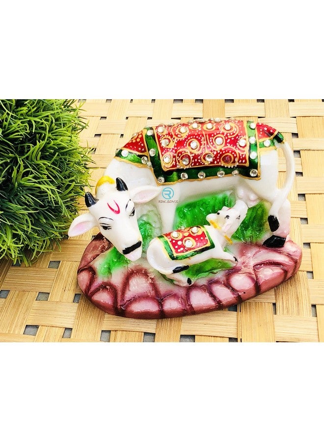 RDK SON'S® Kamdhenu Cow Idol | Designer Stone Studded on Cow and Calf Idol| Marble Dust Gau MATA Idol | Spiritual Vastu Nandi Pooja Polyresin Cow Figurine Sculpture for Home and Temple - Image 5