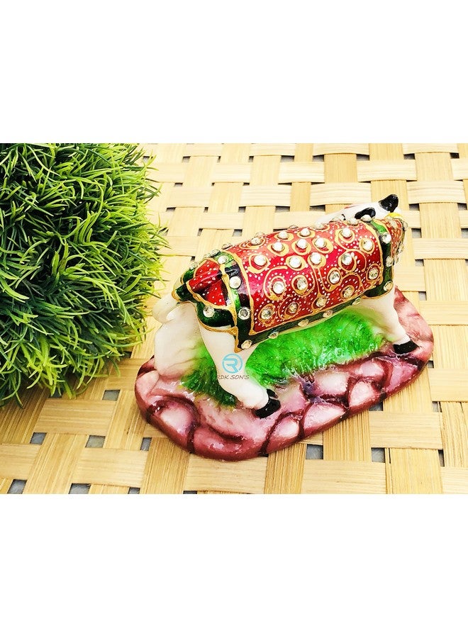 RDK SON'S® Kamdhenu Cow Idol | Designer Stone Studded on Cow and Calf Idol| Marble Dust Gau MATA Idol | Spiritual Vastu Nandi Pooja Polyresin Cow Figurine Sculpture for Home and Temple - Image 3