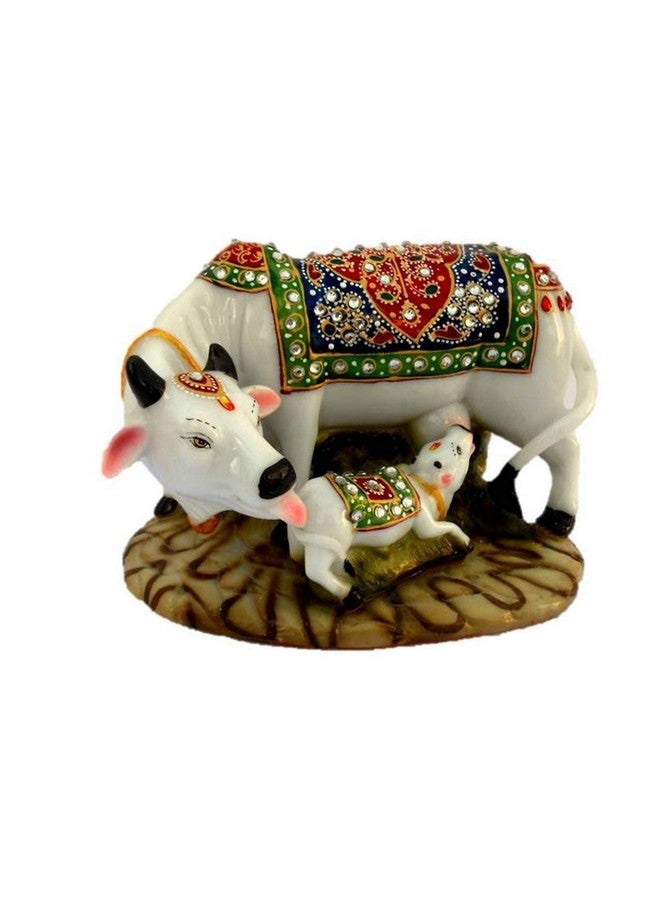 RDK SON'S® Kamdhenu Cow Idol | Designer Stone Studded on Cow and Calf Idol| Marble Dust Gau MATA Idol | Spiritual Vastu Nandi Pooja Polyresin Cow Figurine Sculpture for Home and Temple - Image 1
