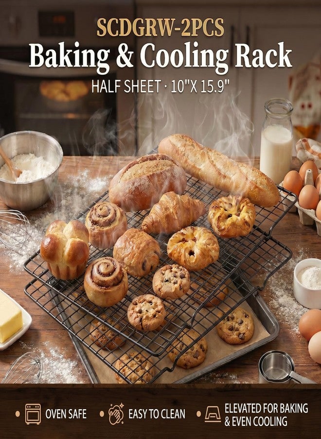 SCDGRW Cooling Racks for Cooking 2-Pack, 10" x 16" No Warp Heavy Duty Metal Wire Rack - Fits Half Sheet & Jelly Roll Pan, Oven & Dishwasher Safe 575°F, Rust Resistant, for Baking, Roasting & Grilling - Image 4