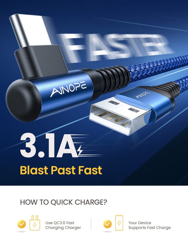 AINOPE Type C Cable [2-Pack, 6.6ft] 3.1A C Charger Cable Fast Charging Right Angle, Durable Nylon Braided USB C Cable Compatible with Galaxy S10 S9 S8 Plus S21, Note 10 9 8, LG (Blue) - Image 2