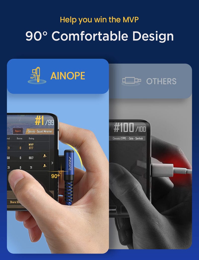 AINOPE Type C Cable [2-Pack, 6.6ft] 3.1A C Charger Cable Fast Charging Right Angle, Durable Nylon Braided USB C Cable Compatible with Galaxy S10 S9 S8 Plus S21, Note 10 9 8, LG (Blue) - Image 5