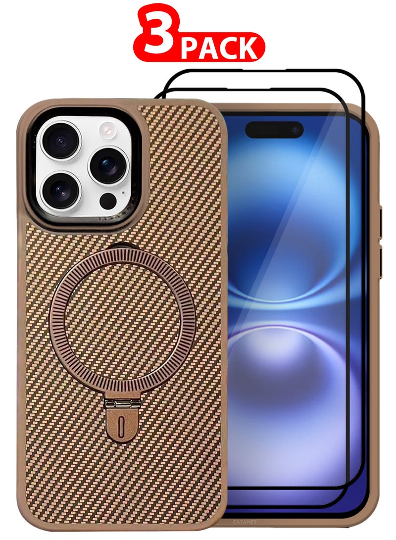CATANES ( for iPhone 16 Pro Max ) 3 Pack, Case and 2 Screen Protectors, Carbon Fiber Texture, Metal Bracket, Magsafe Kickstand Case Cover - Beige  - Image 1
