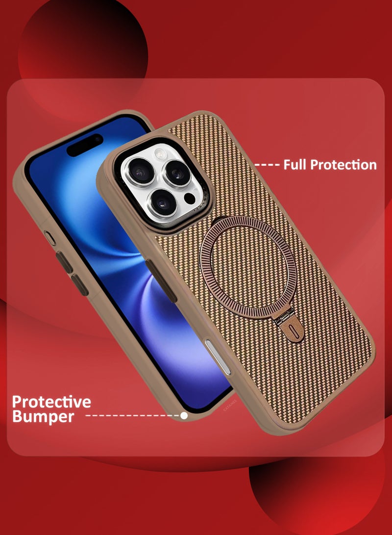 CATANES ( for iPhone 16 Pro Max ) 3 Pack, Case and 2 Screen Protectors, Carbon Fiber Texture, Metal Bracket, Magsafe Kickstand Case Cover - Beige  - Image 3