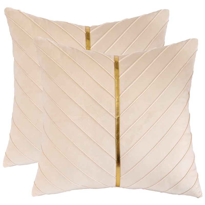 Tosleo Tosleo Cream Velvet Throw Pillow Covers 16x16 Pack of 2 with Gold Leather Decorative Couch Pillow Cover Luxury Modern Pillowcases for Living Room Bedroom Sofa Cushion Bed - Image 1