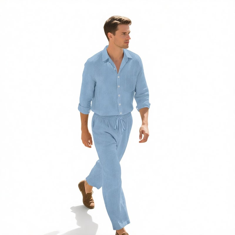 Men's Linen Casual Long Sleeve Shirt and Pants Beach Set - Image 2