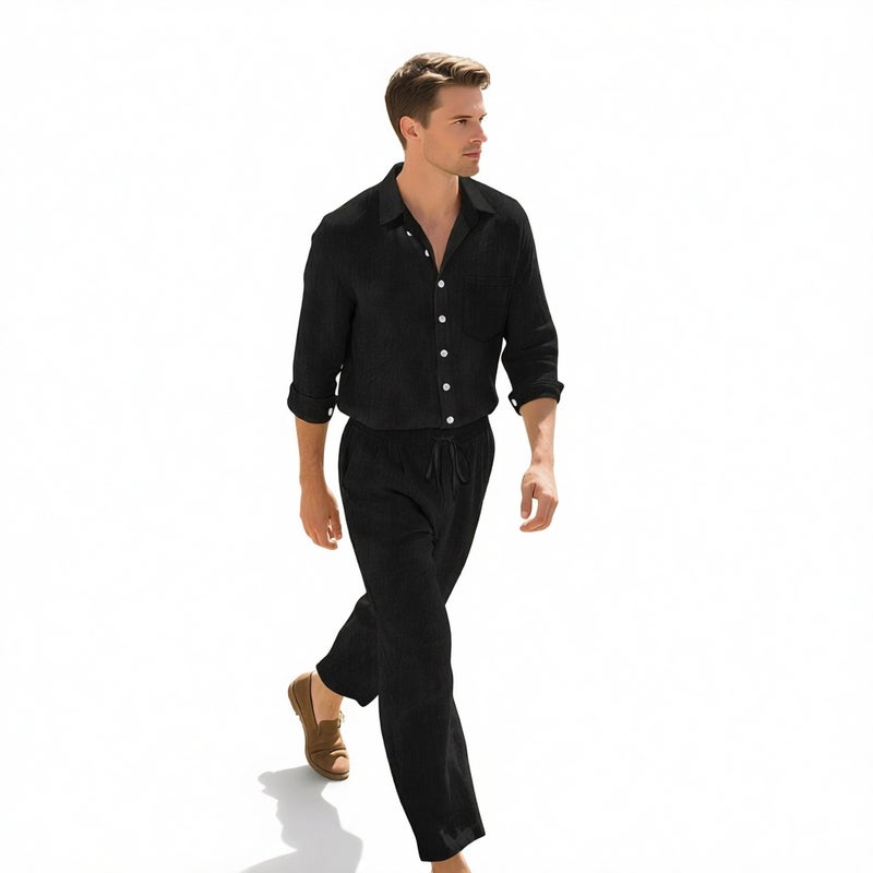 Men's Linen Casual Long Sleeve Shirt and Pants Beach Set - Image 4
