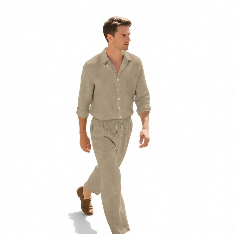 Men's Linen Casual Long Sleeve Shirt and Pants Beach Set - Image 5