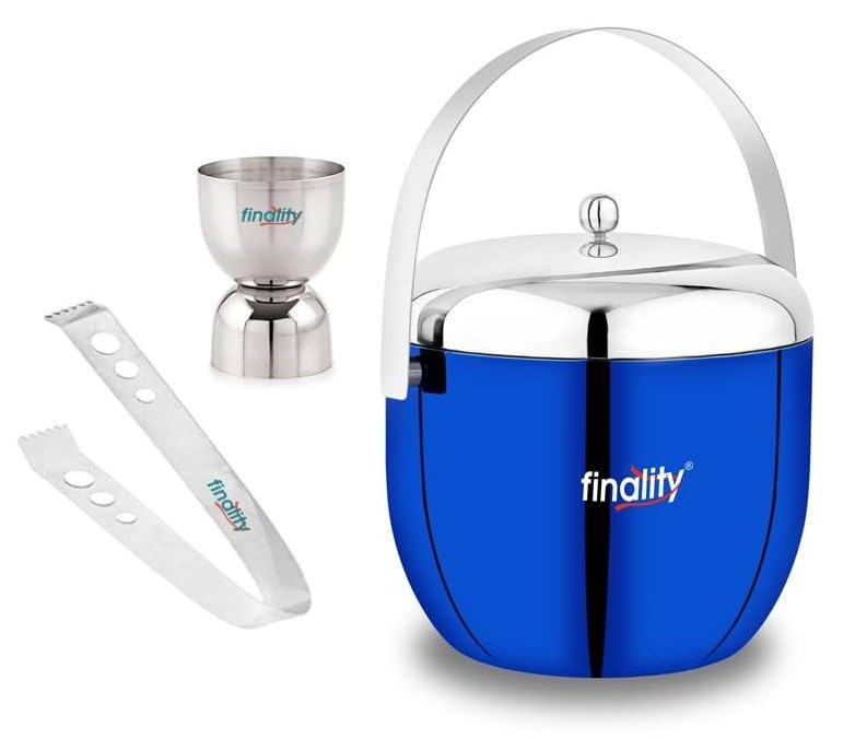 FINALITY Blue Apple Shape Double Wall Insulated Stainless Steel Ice Bucket with Lid 18L Mirror Finish Ideal for Home Bar Includes Ring Peg Measure Tong Perfect Ice Cube Box - Image 1