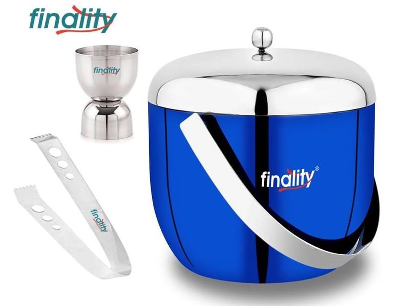FINALITY Blue Apple Shape Double Wall Insulated Stainless Steel Ice Bucket with Lid 18L Mirror Finish Ideal for Home Bar Includes Ring Peg Measure Tong Perfect Ice Cube Box - Image 3