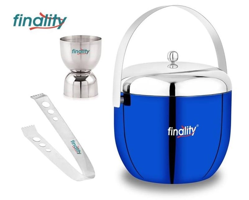 FINALITY Blue Apple Shape Double Wall Insulated Stainless Steel Ice Bucket with Lid 18L Mirror Finish Ideal for Home Bar Includes Ring Peg Measure Tong Perfect Ice Cube Box - Image 2