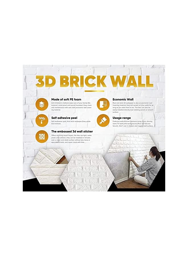Zaboon Brick Wall Stickers 10Pc 3D Wall Sticker Self Adhesive Wall Panels Waterproof Pe Foam White Wallpaper For Living Room Tv Wall And Home Decor Qz10P Wt Tmm - Image 3