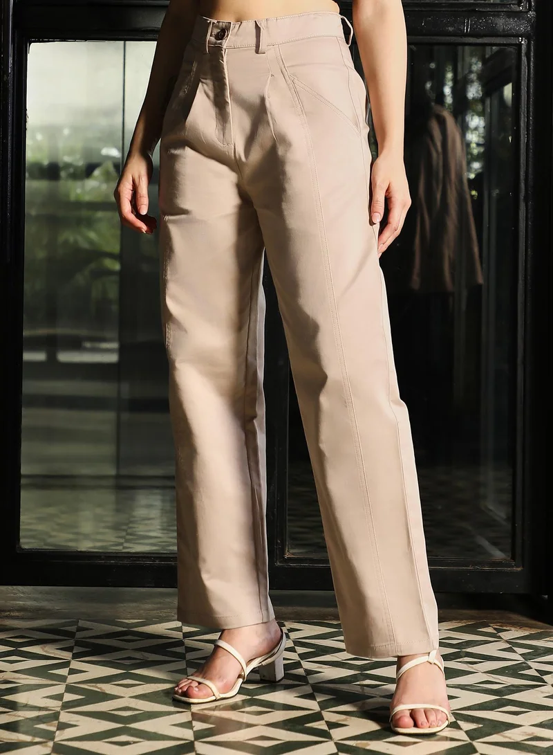 PINACOLADA  Women's Pleated-Panel Straight-Fit Trousers | Mid-Rise , Straight-Band , Straight Hem, Button Closure | Solid Plain Woven Trousers For Casual & Daily Wear | Khaki Beige for Women | Best Price UAE