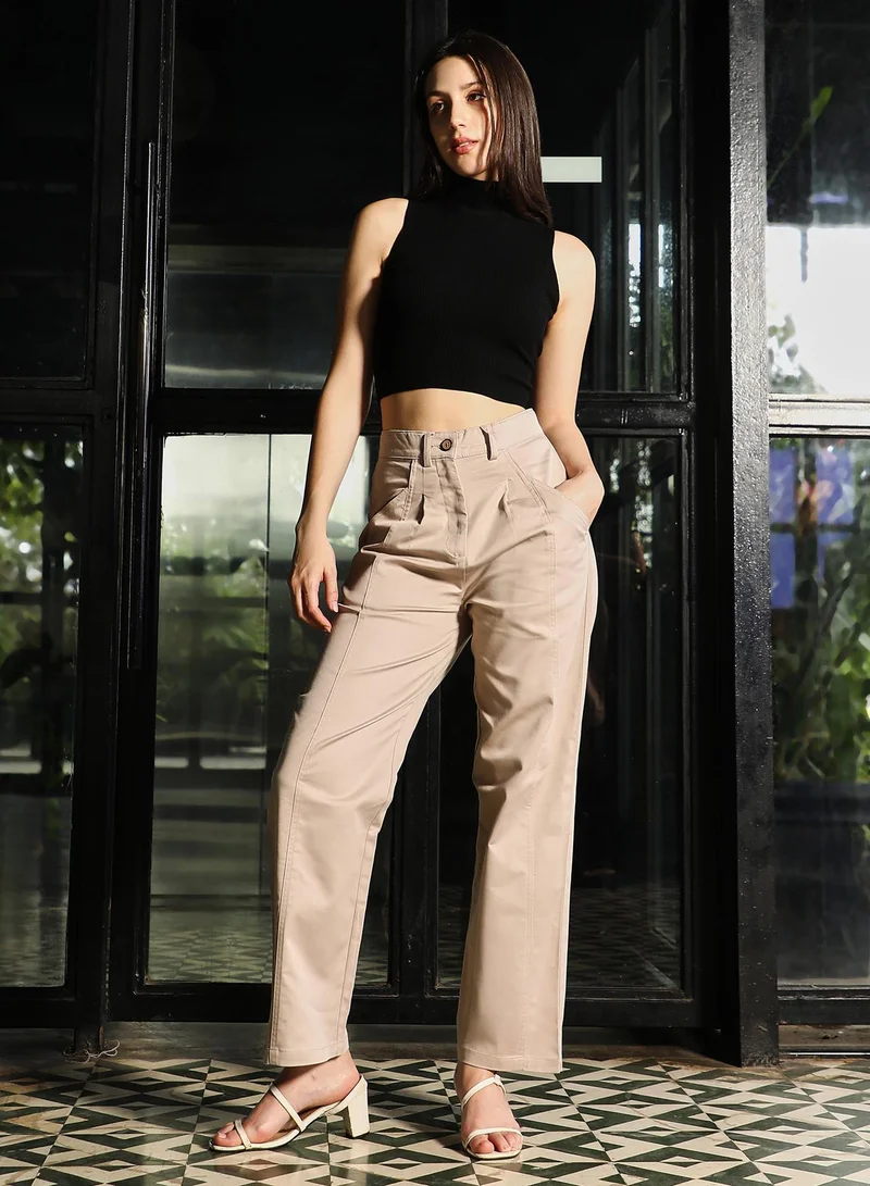 PINACOLADA  Women's Pleated-Panel Straight-Fit Trousers | Mid-Rise , Straight-Band , Straight Hem, Button Closure | Solid Plain Woven Trousers For Casual & Daily Wear | Khaki Beige for Women | Best Price UAE