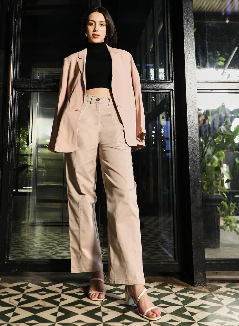 PINACOLADA  Women's Pleated-Panel Straight-Fit Trousers | Mid-Rise , Straight-Band , Straight Hem, Button Closure | Solid Plain Woven Trousers For Casual & Daily Wear | Khaki Beige for Women | Best Price UAE