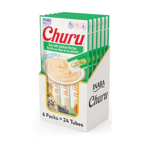 INABA Churu Cat Treats, Grain-Free, Lickable, Squeezable Creamy Purée Cat Treat/Topper with Vitamin E & Taurine, 0.5 Ounces Each Tube, 24 Tubes (4 per Pack), Tuna with Chicken Recipe - Image 1