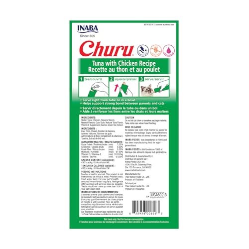 INABA Churu Cat Treats, Grain-Free, Lickable, Squeezable Creamy Purée Cat Treat/Topper with Vitamin E & Taurine, 0.5 Ounces Each Tube, 24 Tubes (4 per Pack), Tuna with Chicken Recipe - Image 3