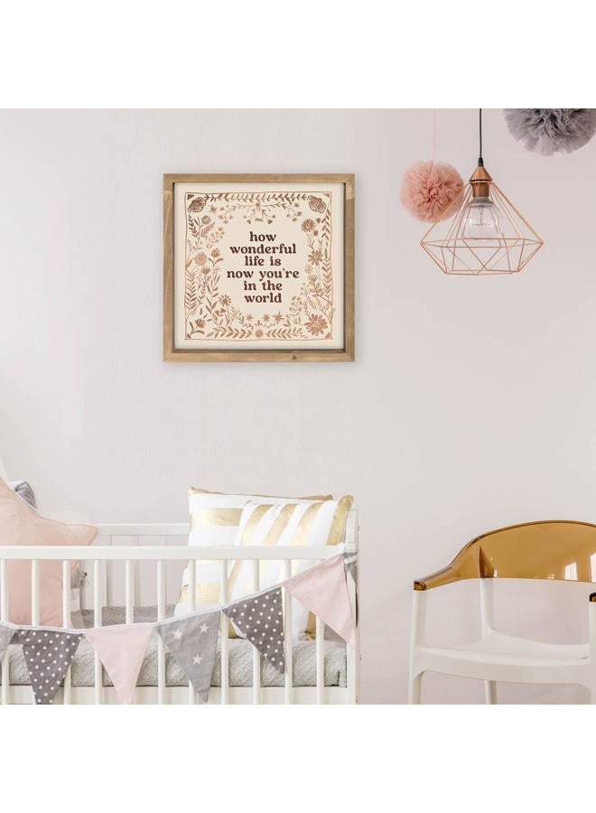 pechpell 11.8 Inch How Wonderful Life Is Now You're In The World Sign, Wooden Floral Nursery Wall Decor, Table Shelf Bathroom Bedroom Room Home Decorations - Image 3
