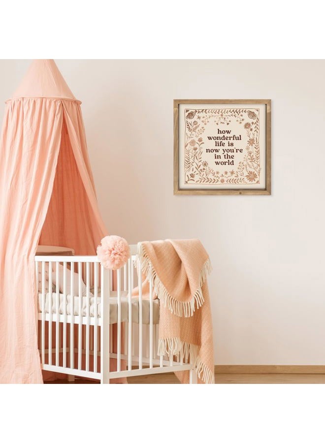 pechpell 11.8 Inch How Wonderful Life Is Now You're In The World Sign, Wooden Floral Nursery Wall Decor, Table Shelf Bathroom Bedroom Room Home Decorations - Image 4