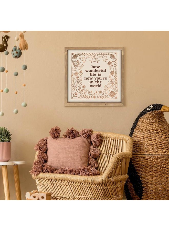 pechpell 11.8 Inch How Wonderful Life Is Now You're In The World Sign, Wooden Floral Nursery Wall Decor, Table Shelf Bathroom Bedroom Room Home Decorations - Image 2