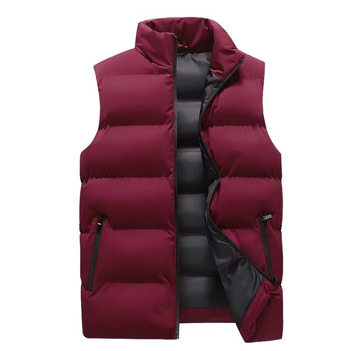 Mens Vest Autumn and Winter Cotton-padded Jacket Vest Solid Color Jacket Casual Sports Warm plus size Top Red - Image 1