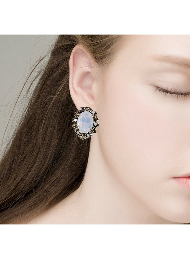 BriLove Victorian Style Stud Earrings For Women Crystal Floral Scroll Cameo Inspired Oval Earrings Opal Color Antique-Gold-Toned - Image 2