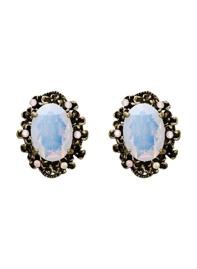 BriLove Victorian Style Stud Earrings For Women Crystal Floral Scroll Cameo Inspired Oval Earrings Opal Color Antique-Gold-Toned - Image 1
