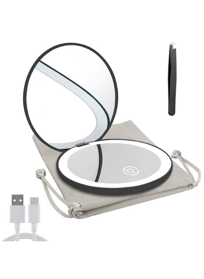 Milishow - Compact Mirror With Led Light,1X/10X Magnifying Rechargeable Mirror,3.5In Pocket Mirror, Dimmable Travel Mirror For Purse,Handbag,Pocket,Handheld 2-Sided Makeup Mirror (Black) - Image 1