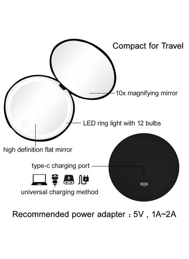 Milishow - Compact Mirror With Led Light,1X/10X Magnifying Rechargeable Mirror,3.5In Pocket Mirror, Dimmable Travel Mirror For Purse,Handbag,Pocket,Handheld 2-Sided Makeup Mirror (Black) - Image 1