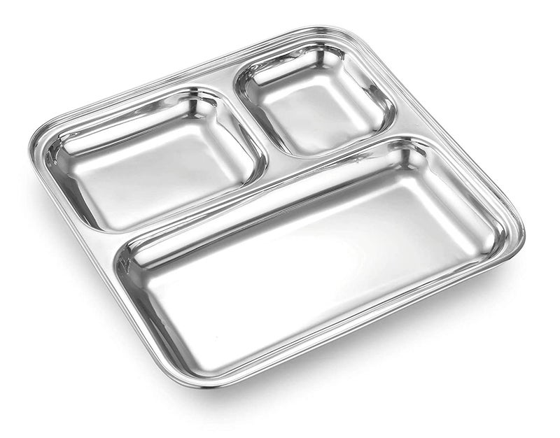 LUXURIA Heavy Duty Stainless Steel Square Small Dinner Plate with 3 Sections Divided Mess Trays for Kids Lunch, Camping, Events & Every Day Use Kitchenware (Set of 1) - Image 1