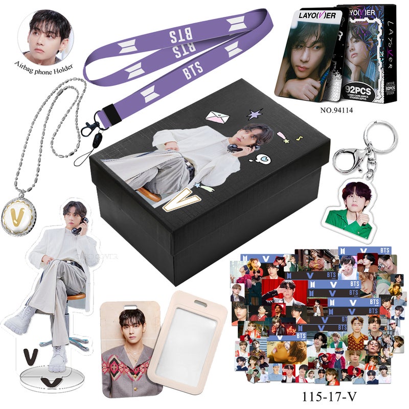 BTS V KPop Gift Set – Lemo Cards, Keychain, Necklace, Lanyard, Acrylic Stand, Stickers, Airbag Phone Holder – Fan Collectible Box for Women & Girls