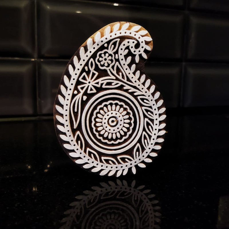 ecofynd Paisley Wood Block Stamps (Pack of 1), Wooden Blocks for Block Printing Stamp Set, Artistic Shapes Craft Kids Saree Border DIY Henna Fabric Textile Paper Clay Pottery Hand-Carved (BLOCK007) - Image 1
