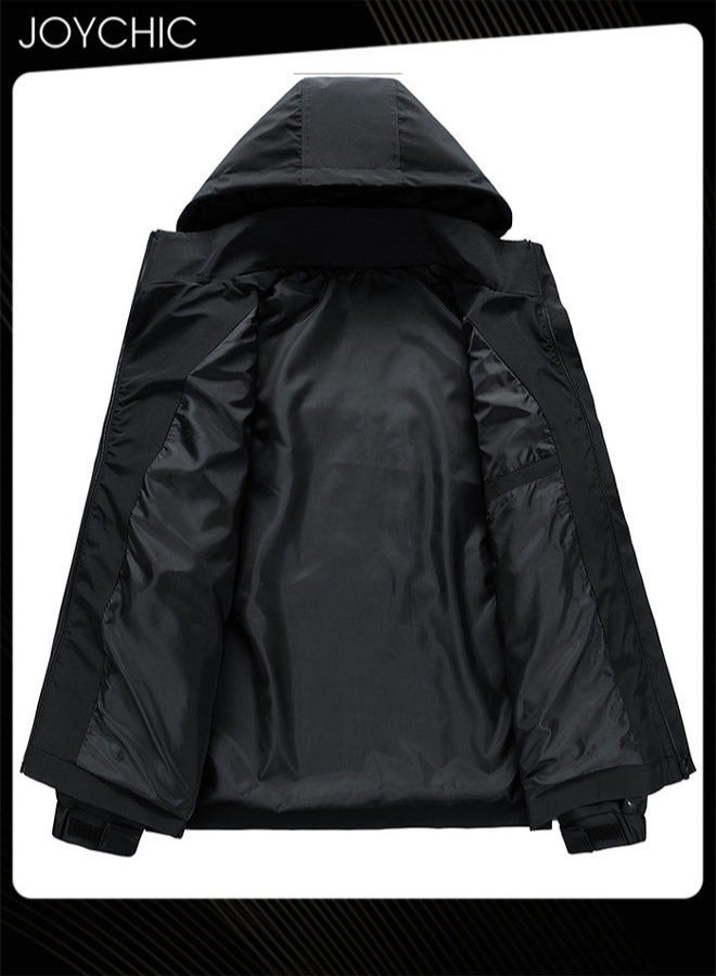 Joychic Classic Windbreaker Spring and Autumn Winter Men Work Jacket Casual Loose Hooded Zipper Windproof Coat Large Size Outdoor for Camping Climbing Black - Image 4